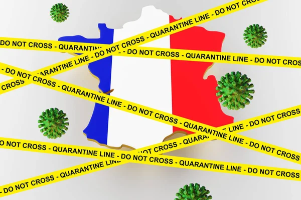 Coronavirus uitbraak en coronavirussen influenza 2019-ncov op zwaaide nationale vlag van Frankrijk. 3d renderen. — Stockfoto