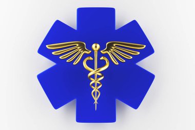 Caduceus tıbbi sembolü beyaz arka planda izole edilmiş. Caduceus bir tıp yıldızında yılanlarla imza atar. 3d hazırlayıcı