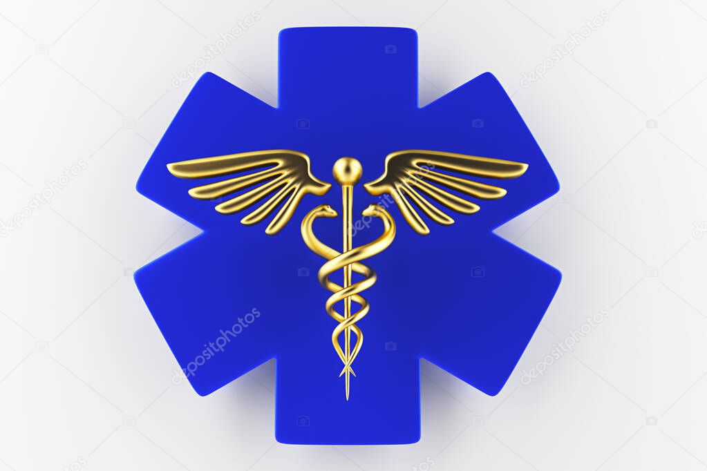 Caduceus medical symbol isolated on a white background. Caduceus Icon. Concept for Healthcare Medicine and Lifestyle. Caduceus sign with snakes on a medical star. 3d render
