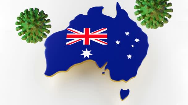 Ansteckende COVID-19, Grippe oder Coronavirus mit Australien-Karte. 3D-Rendering — Stockvideo