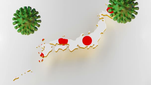 Contagious COVID-19, Flur ή Coronavirus με ιαπωνικό χάρτη. 3D απόδοση — Αρχείο Βίντεο