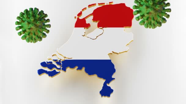 Vírus COVID-19, Flur ou Coronavirus com mapa da Holanda. Renderização 3D — Vídeo de Stock