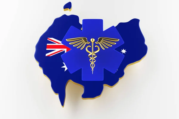 Caduceus assina com cobras numa estrela médica. Mapa da Austrália fronteira terrestre com bandeira. Renderização 3d — Fotografia de Stock