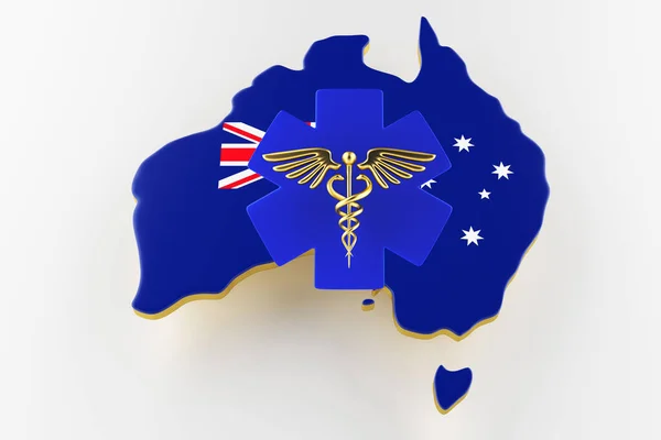 Caduceus assina com cobras numa estrela médica. Mapa da Austrália fronteira terrestre com bandeira. Renderização 3d — Fotografia de Stock