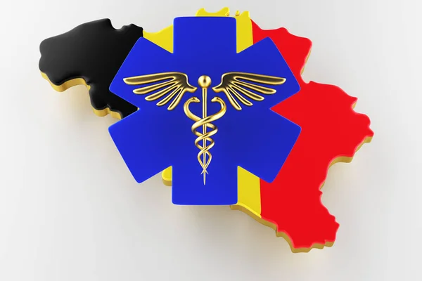 Caduceus sign with snakes on a medical star. Map of Belgium land border with flag. 3d rendering — Stock Photo, Image