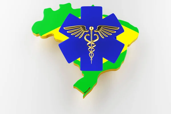 Η πινακίδα Caduceus με τα φίδια σε ένα ιατρικό αστέρι. Χάρτης των χερσαίων συνόρων της Βραζιλίας με σημαία. 3d απόδοση — Φωτογραφία Αρχείου