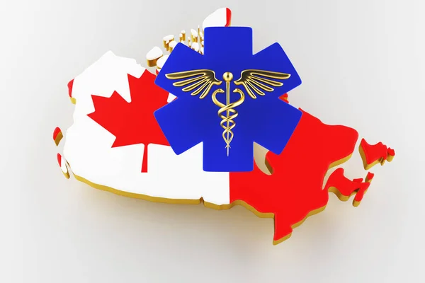 Caduceo firma con serpenti su una stella medica. Mappa del Canada confine terrestre con la bandiera. rendering 3d — Foto Stock