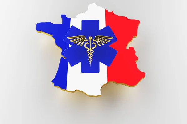 Caduceus tekent met slangen op een medische ster. Kaart van Frankrijk landgrens met vlag. 3d destructie — Stockfoto
