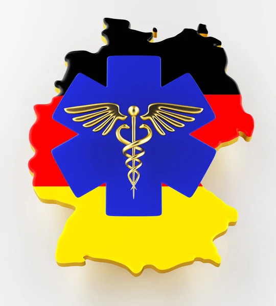 Η πινακίδα Caduceus με τα φίδια σε ένα ιατρικό αστέρι. Χάρτης των γερμανικών χερσαίων συνόρων με σημαία. 3d απόδοση — Φωτογραφία Αρχείου
