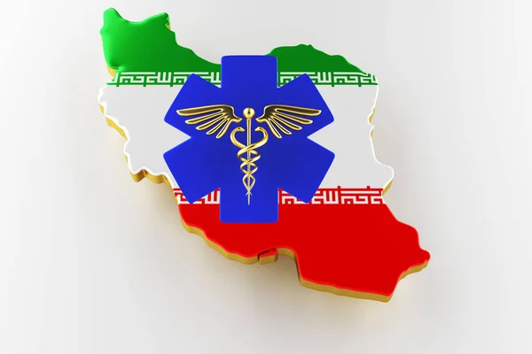 Caduceo firma con serpientes en una estrella médica. Mapa de Irán frontera terrestre con la bandera. renderizado 3d —  Fotos de Stock