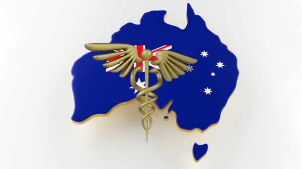 Знак Кадуцея со змеями на звезде медицины. Карта Австралии сухопутная граница с флагом. 3d-рендеринг — стоковое видео