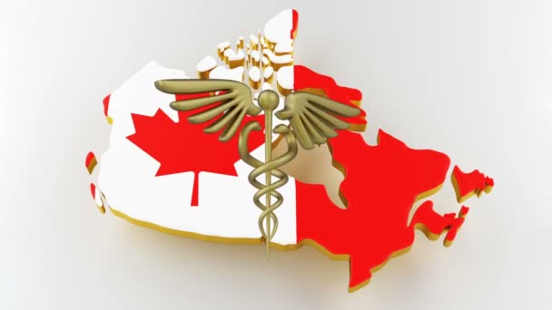 Caduceus tekent met slangen op een medische ster. Kaart van Canada landgrens met vlag. 3d destructie — Stockvideo