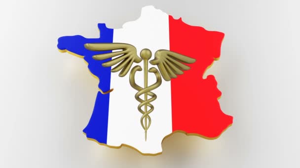 Η πινακίδα Caduceus με τα φίδια σε ένα ιατρικό αστέρι. Χάρτης των χερσαίων συνόρων της Γαλλίας με σημαία. 3d απόδοση — Αρχείο Βίντεο