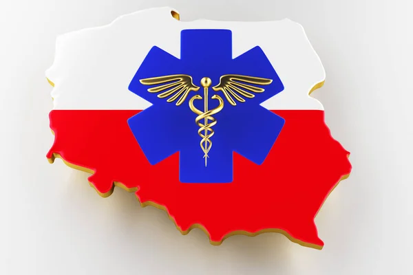 Caduceus sign with snakes on a medical star. Map of Poland land border with flag. 3d rendering — Stock Photo, Image