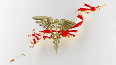 Caduceus bir tıp yıldızında yılanlarla imza atar. Japonya 'nın bayraklı kara sınırı haritası. 3d oluşturma