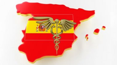 Caduceus bir tıp yıldızında yılanlarla imza atar. İspanya 'nın bayraklı kara sınırı haritası. 3d oluşturma