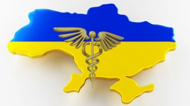 Caduceus bir tıp yıldızında yılanlarla imza atar. Ukrayna 'nın bayraklı kara sınırı haritası. 3d oluşturma