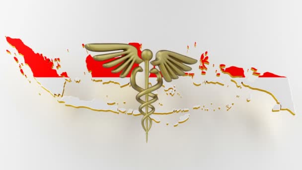 Caduceo firma con serpenti su una stella medica. Mappa dell'Indonesia confine terrestre con la bandiera. rendering 3d — Video Stock