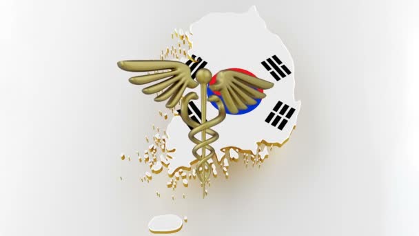 Знак Кадуцея со змеями на звезде медицины. Карта Кореи сухопутная граница с флагом. 3d-рендеринг — стоковое видео