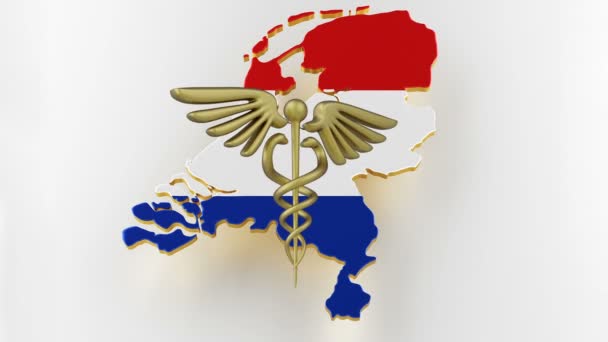 Caduceus Zeichen mit Schlangen auf einem medizinischen Stern. Landkarte der Niederlande Landgrenze mit Flagge. 3D-Darstellung — Stockvideo