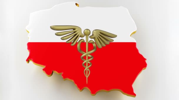 Caduceus sign with snakes on a medical star. Map of Poland land border with flag. 3d rendering — Stock Video