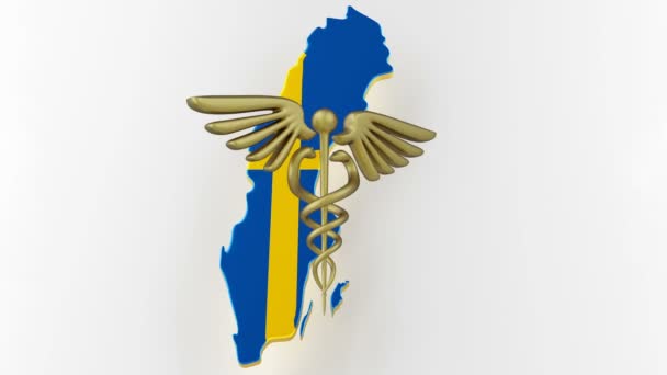 Η πινακίδα Caduceus με τα φίδια σε ένα ιατρικό αστέρι. Χάρτης των χερσαίων συνόρων της Σουηδίας με σημαία. 3d απόδοση — Αρχείο Βίντεο