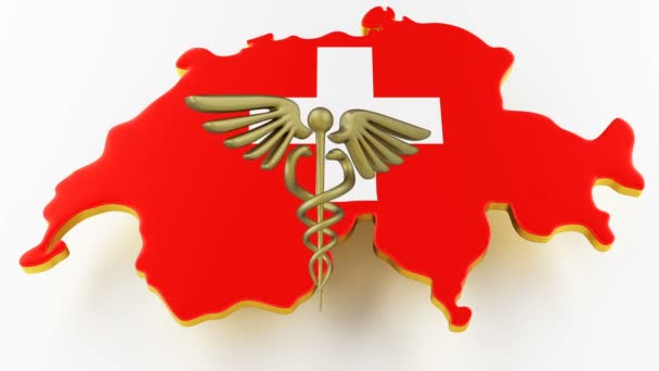 Знак Кадукея зі зміями на медичній зірці. Карта швейцарського сухопутного кордону з прапором. 3d рендеринг — стокове відео