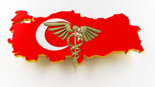 Caduceo firma con serpientes en una estrella médica. Mapa de Turquía frontera terrestre con la bandera. renderizado 3d — Vídeo de stock