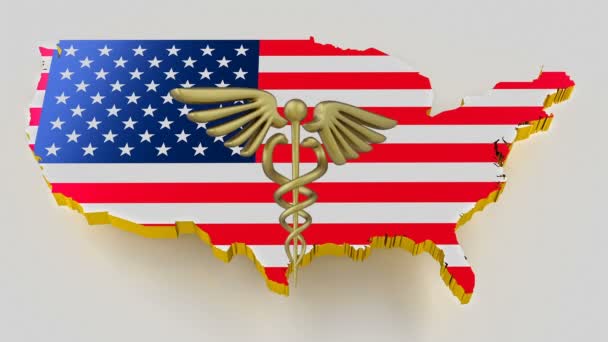 Caduceus Zeichen mit Schlangen auf einem medizinischen Stern. Karte der Landgrenze der USA mit Flagge. 3D-Darstellung — Stockvideo