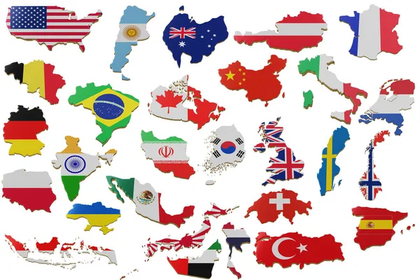 Mappa 3D con molti Paesi. Mappa dei Paesi confine terrestre con la bandiera. rendering 3d — Foto Stock