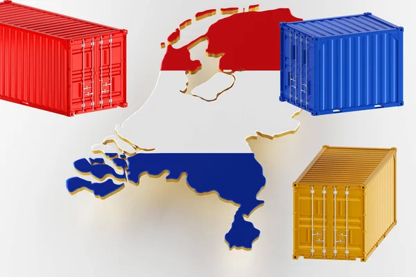 Mapa de Países Bajos frontera terrestre con la bandera. Envío de mercancías en contenedores. renderizado 3d —  Fotos de Stock