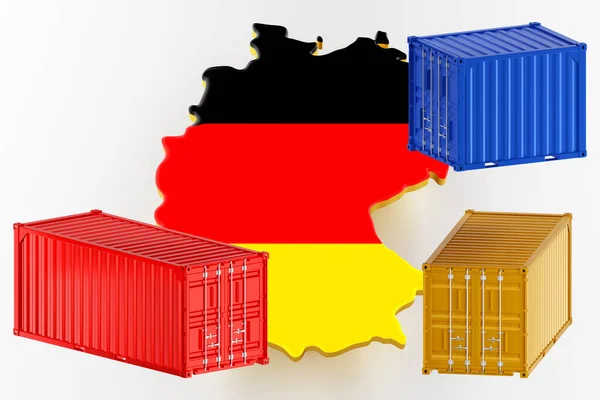 Χάρτης των γερμανικών χερσαίων συνόρων με σημαία. Εμπορεύματα που αποστέλλονται σε εμπορευματοκιβώτια. 3d απόδοση — Φωτογραφία Αρχείου