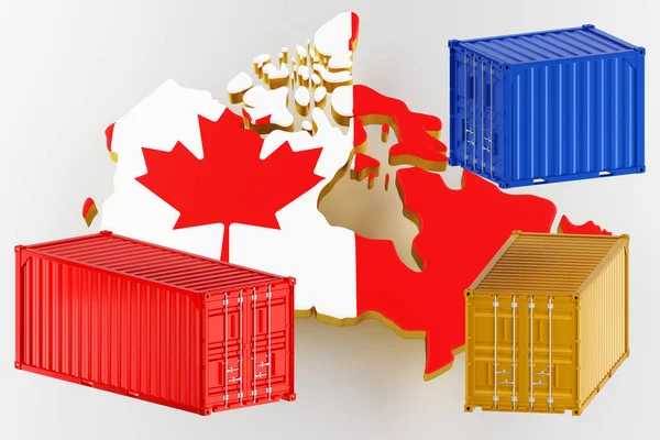 加拿大有国旗的陆地边界地图。用集装箱装运货物。3d渲染 免版税图库图片