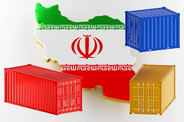带有国旗的伊朗陆地边界地图。用集装箱装运货物。3d渲染 图库图片