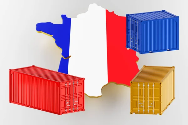 Mappa della Francia confine terrestre con la bandiera. Trasporto merci in container. rendering 3d — Foto Stock