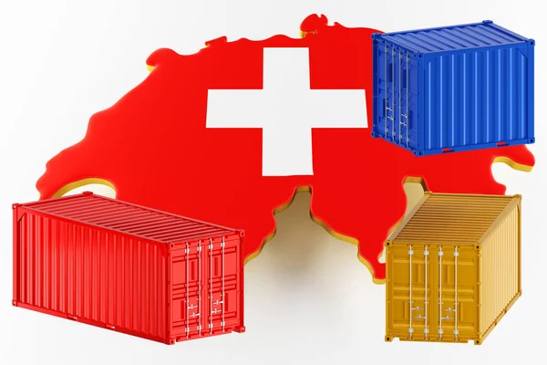 带有国旗的瑞士陆地边界地图。用集装箱装运货物。3d渲染 — 图库照片