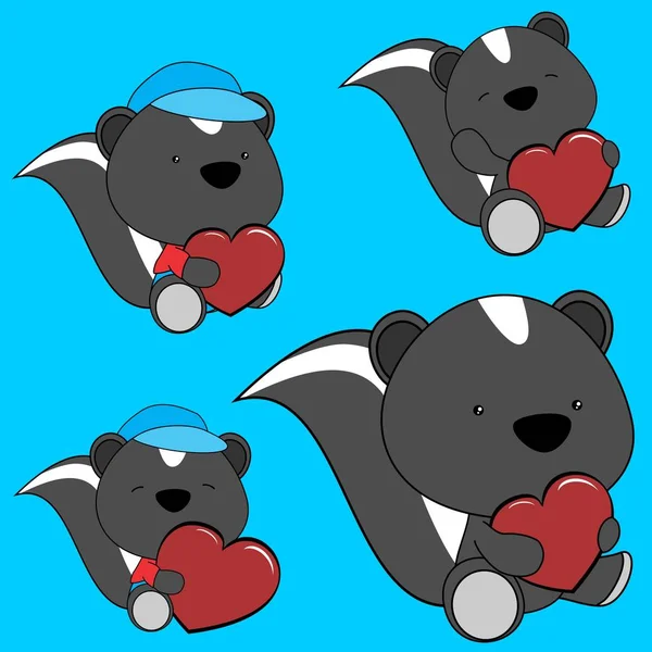 Bella skunk bambino cartone animato cuore set — Vettoriale Stock
