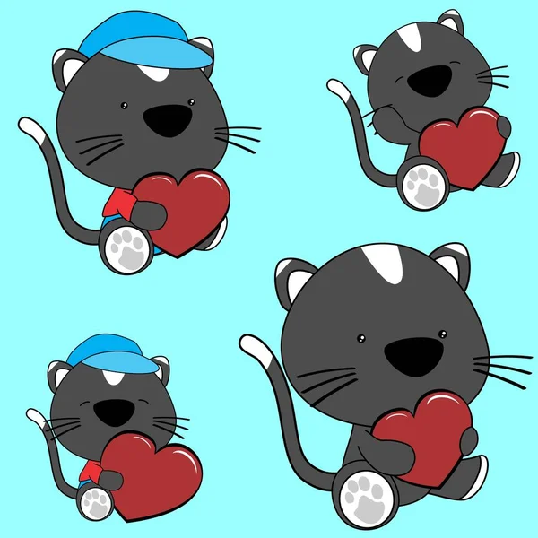 Precioso gato bebé dibujos animados corazón conjunto — Vector de stock