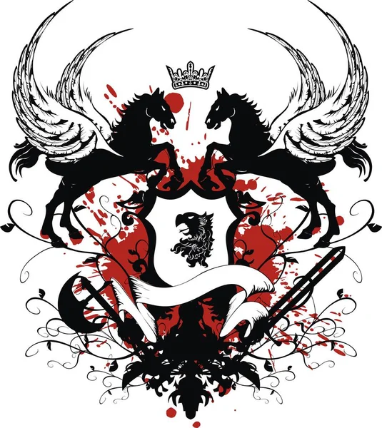 Escudo de armas de tatuaje de caballo alado heráldico — Vector de stock