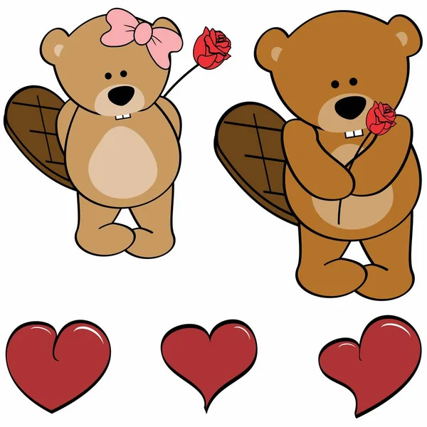 Schattige bever cartoon liefde hart set — Stockvector