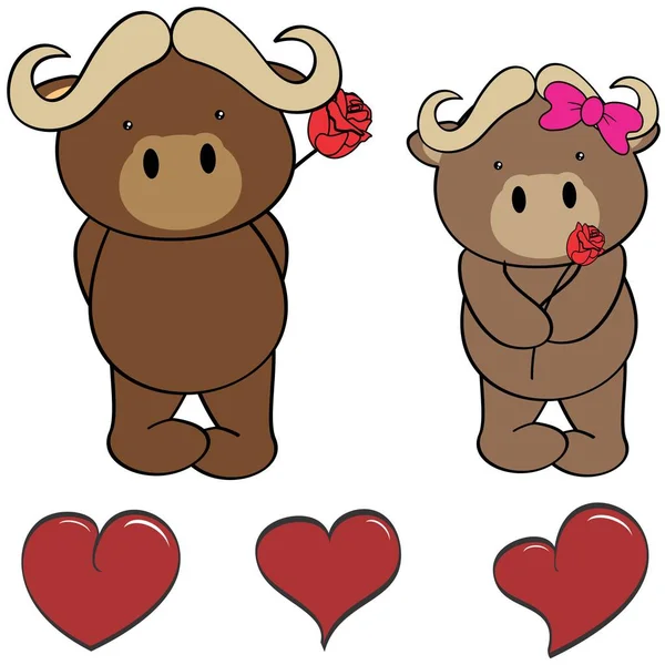 Lindo buey dibujos animados amor corazón conjunto — Vector de stock