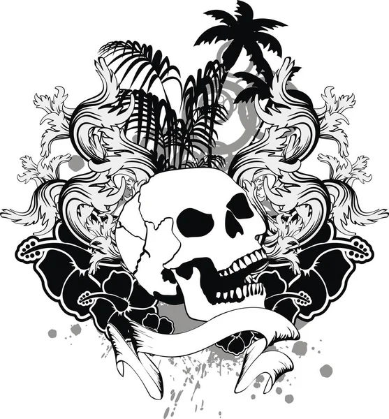 Hibiscus tropical fleur hawaïenne crâne tatouage noir — Image vectorielle
