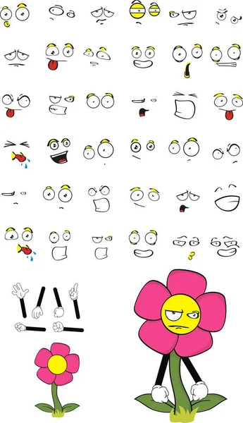 Funny flower cartoon expressions set — Stock Vector