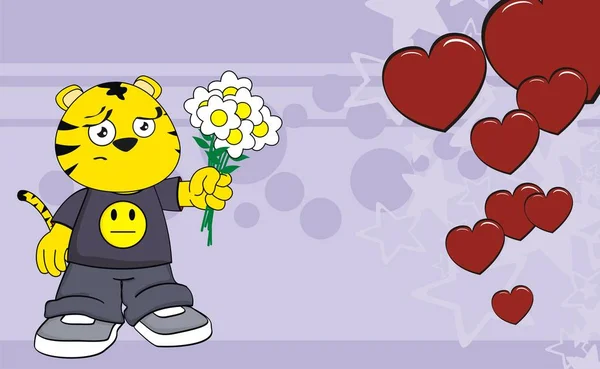 Flores pequeño tigre niño dibujos animados expresión fondo — Vector de stock