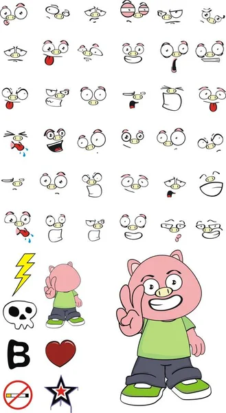 Funny litte pig cartoon set exoressions — Stock Vector