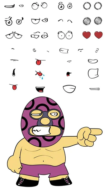 Enojado mexicano luchador de dibujos animados expresiones conjunto — Archivo Imágenes Vectoriales