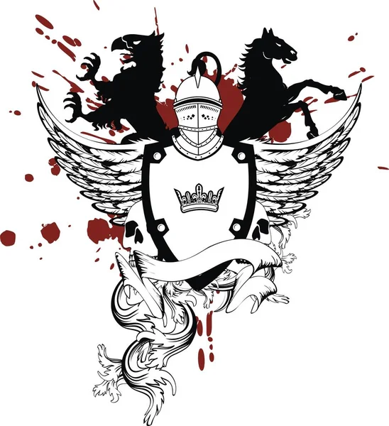 Héraldique médiéval casque chevaux bouclier blason tatouage — Image vectorielle