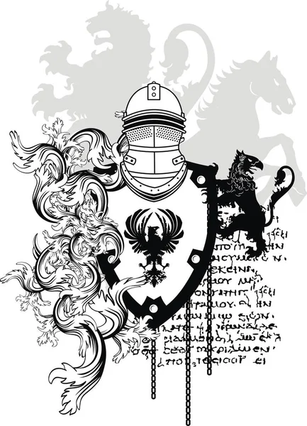 Casque médiéval héraldique gryphon bouclier armoiries tatouage — Image vectorielle