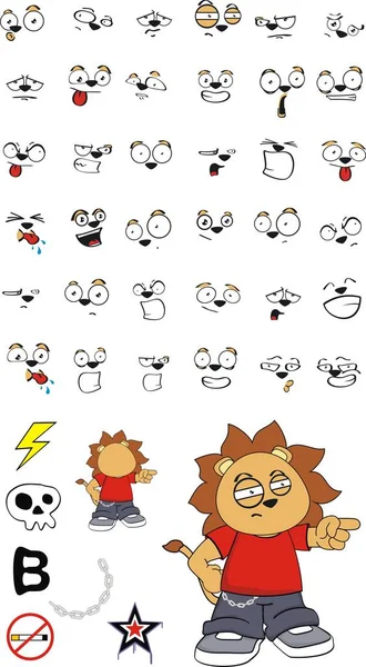 Gruñón poco león niño dibujos animados expresiones conjunto — Vector de stock