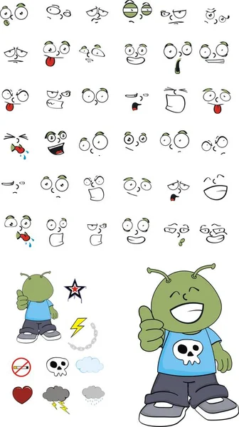 Happy little alien kid cartoon expressions set — Stock Vector